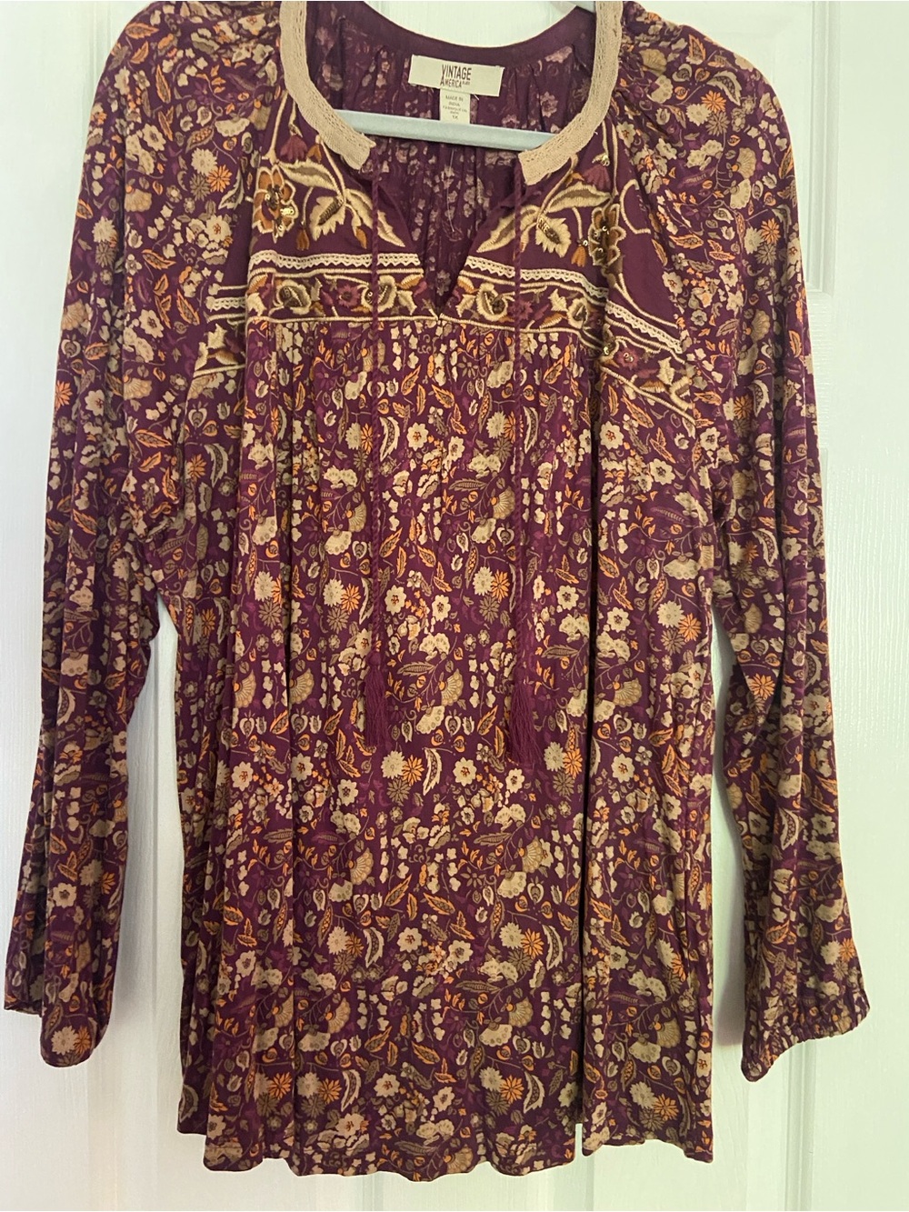 Vintage America Plum Floral Boho Peasant Blouse with Cream Trim